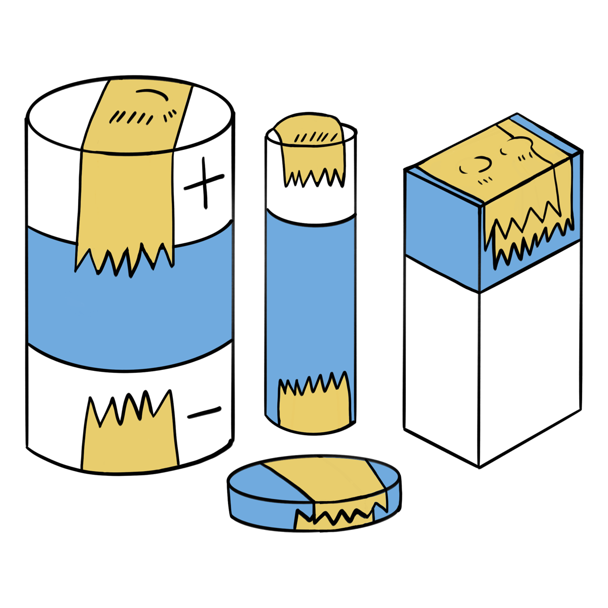 A range of batteries with terminals taped for safety